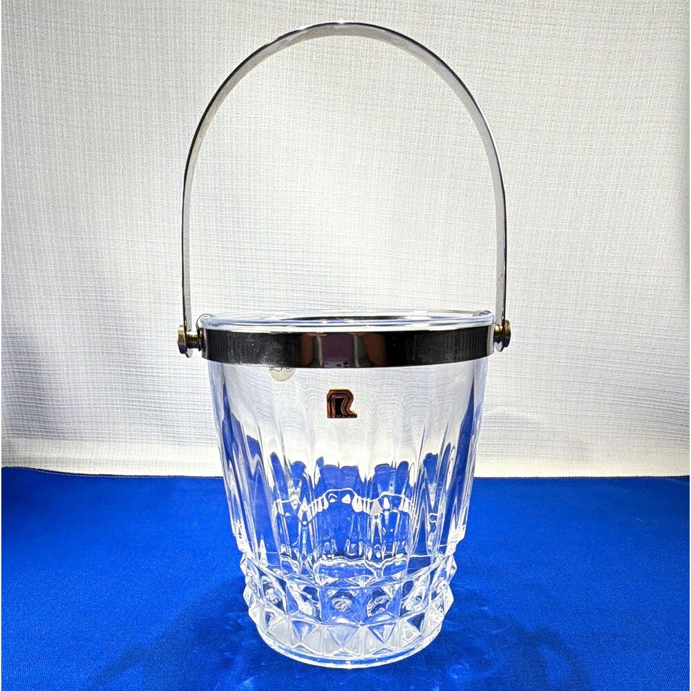 Cristal d'Arques France Crystal Ice Bucket Chrome Handle Metallic R Logo 5.25"
